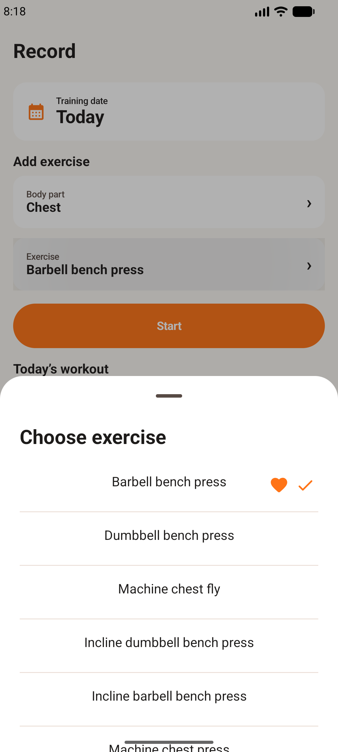 Easy Workout Log exercise chooser on an Android phone, with a favorite exercise selected.