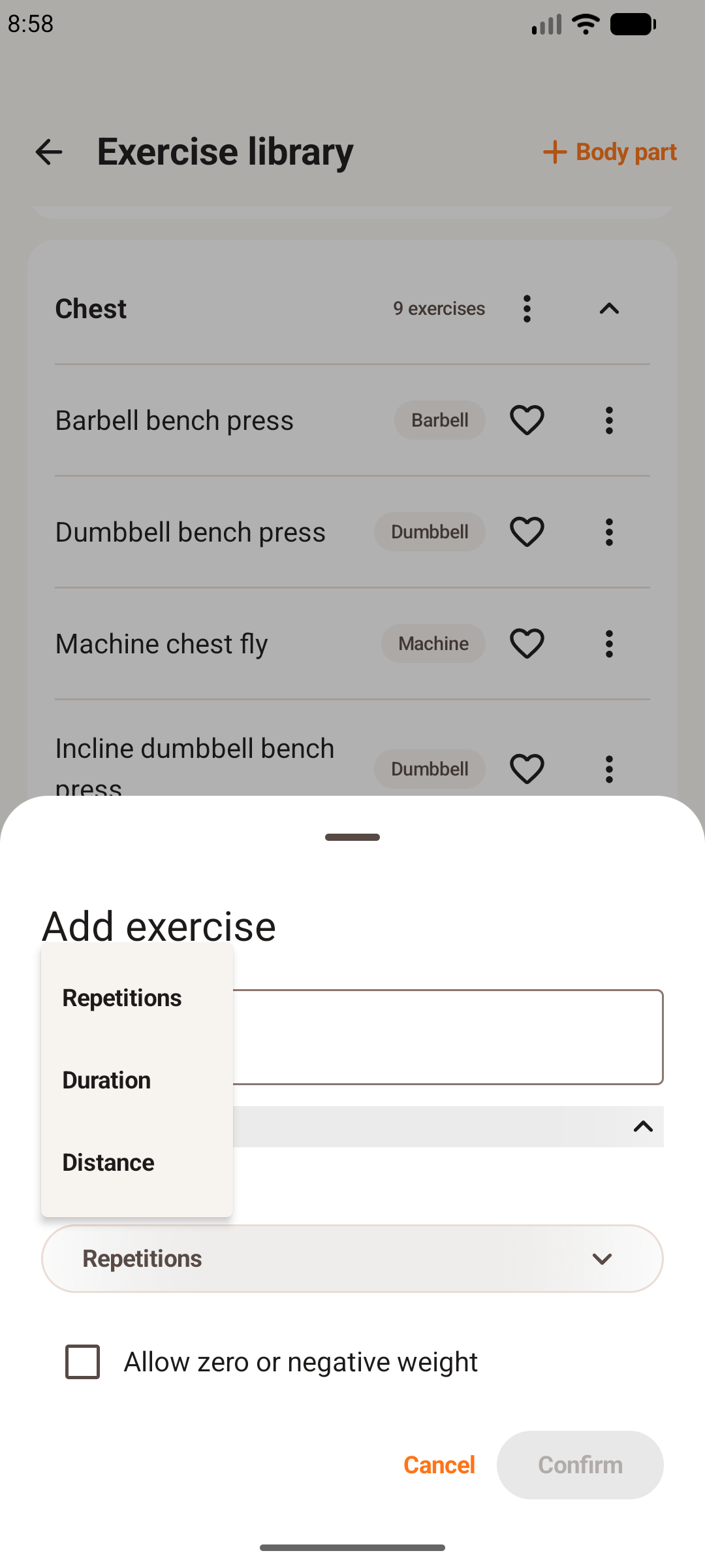 Easy Workout Log exercise editor on an Android phone, showing repetition, duration, and distance recording options.