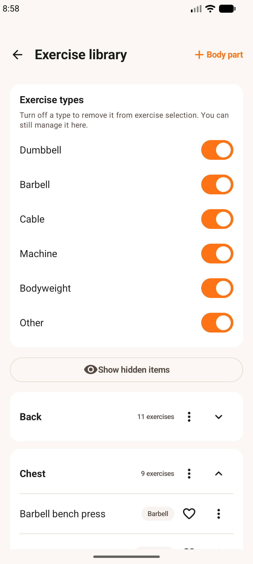 Easy Workout Log exercise library on an Android phone, showing exercise types including Bodyweight.
