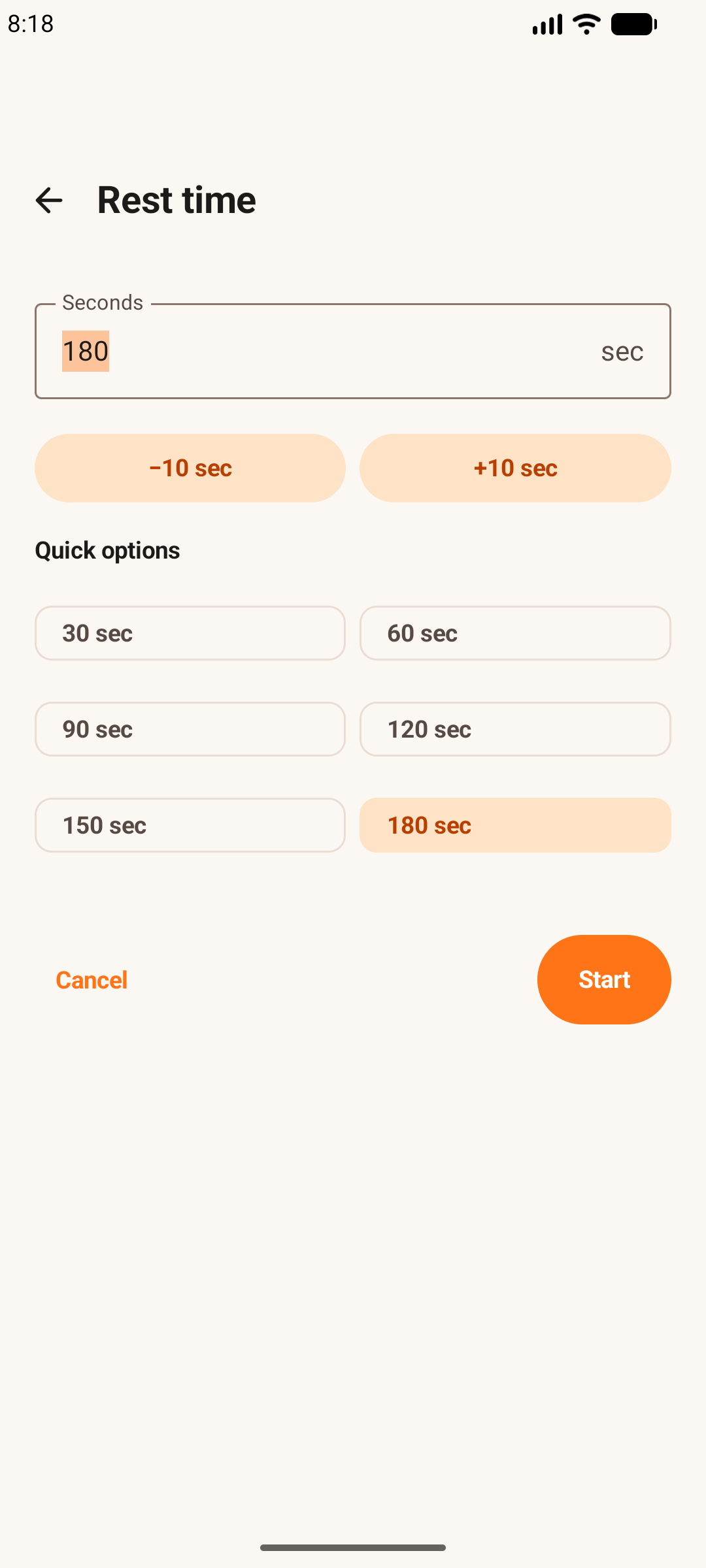 Easy Workout Log on an Android phone showing rest-time choices.