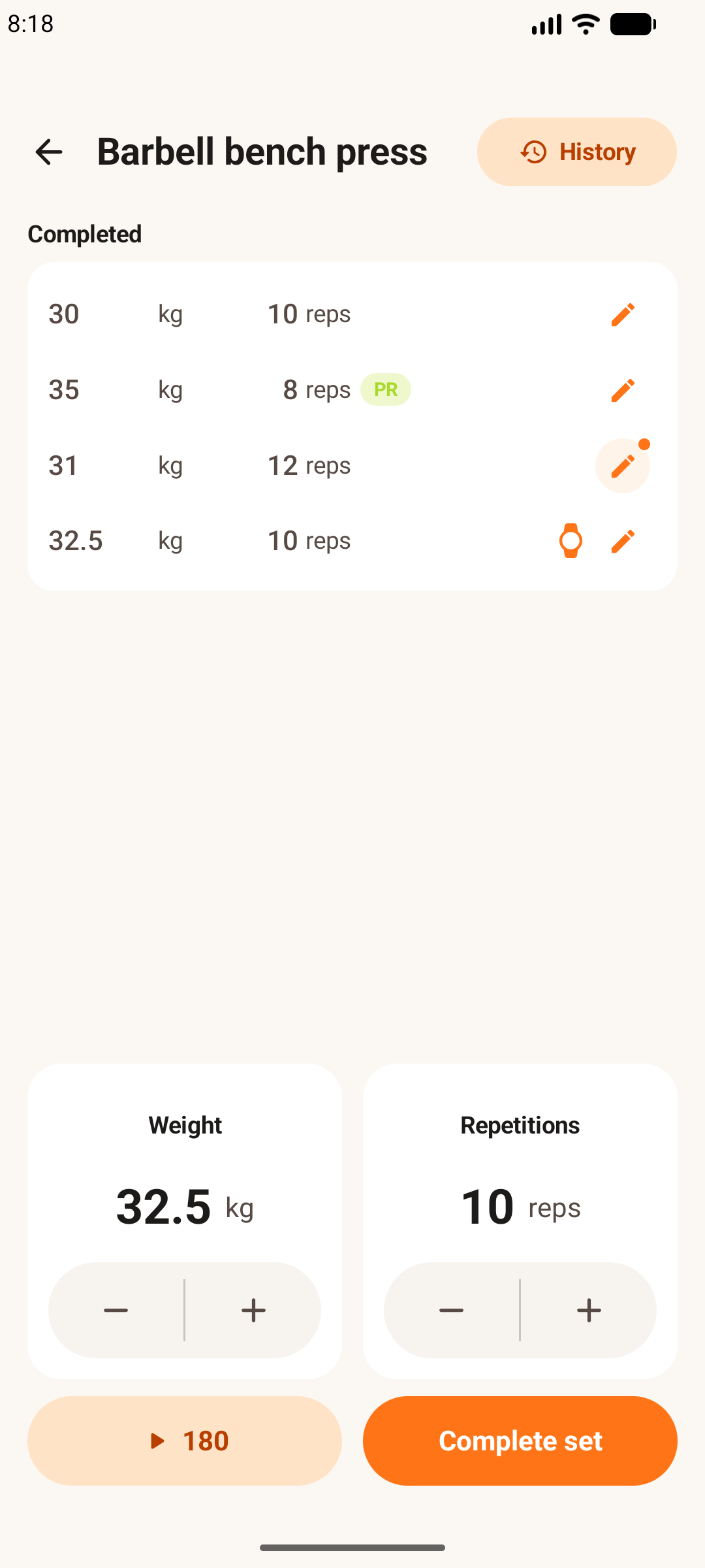 Easy Workout Log on an Android phone showing four completed sets with record details.