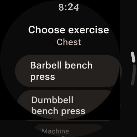 Easy Workout Log on a Wear OS watch showing the exercise chooser.