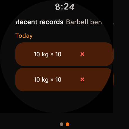 Easy Workout Log on a Wear OS watch showing recent completed sets.
