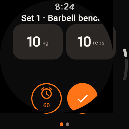 Easy Workout Log on a Wear OS watch showing the current set, weight, repetitions, timer, and complete button.